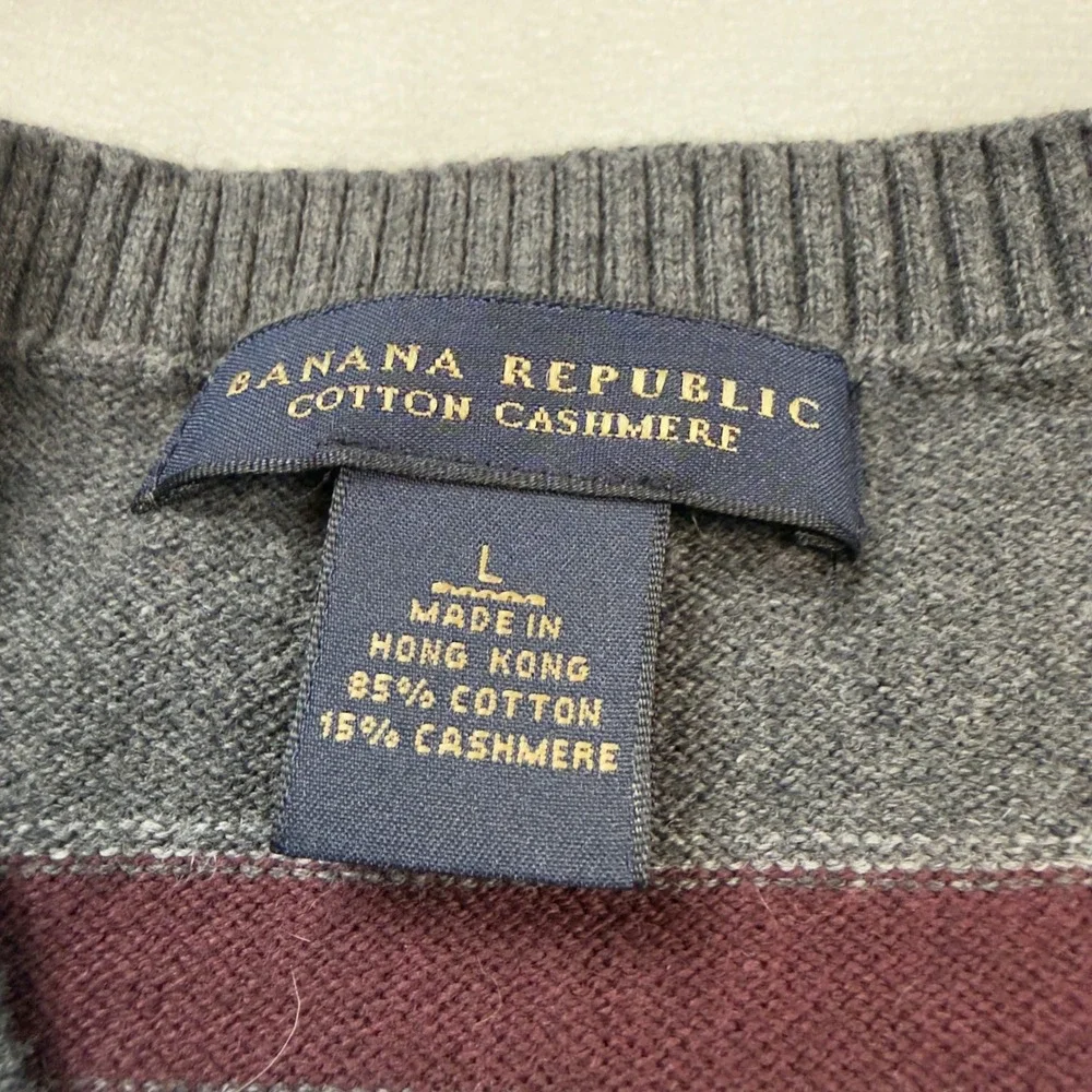 Banana Republic Mens L Cotton Cashmere V-Neck Striped‎ Sweater Grey Burgundy